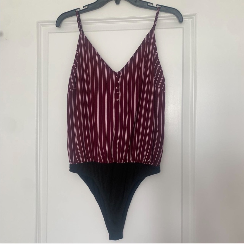 Striped maroon spaghetti strap bodysuit